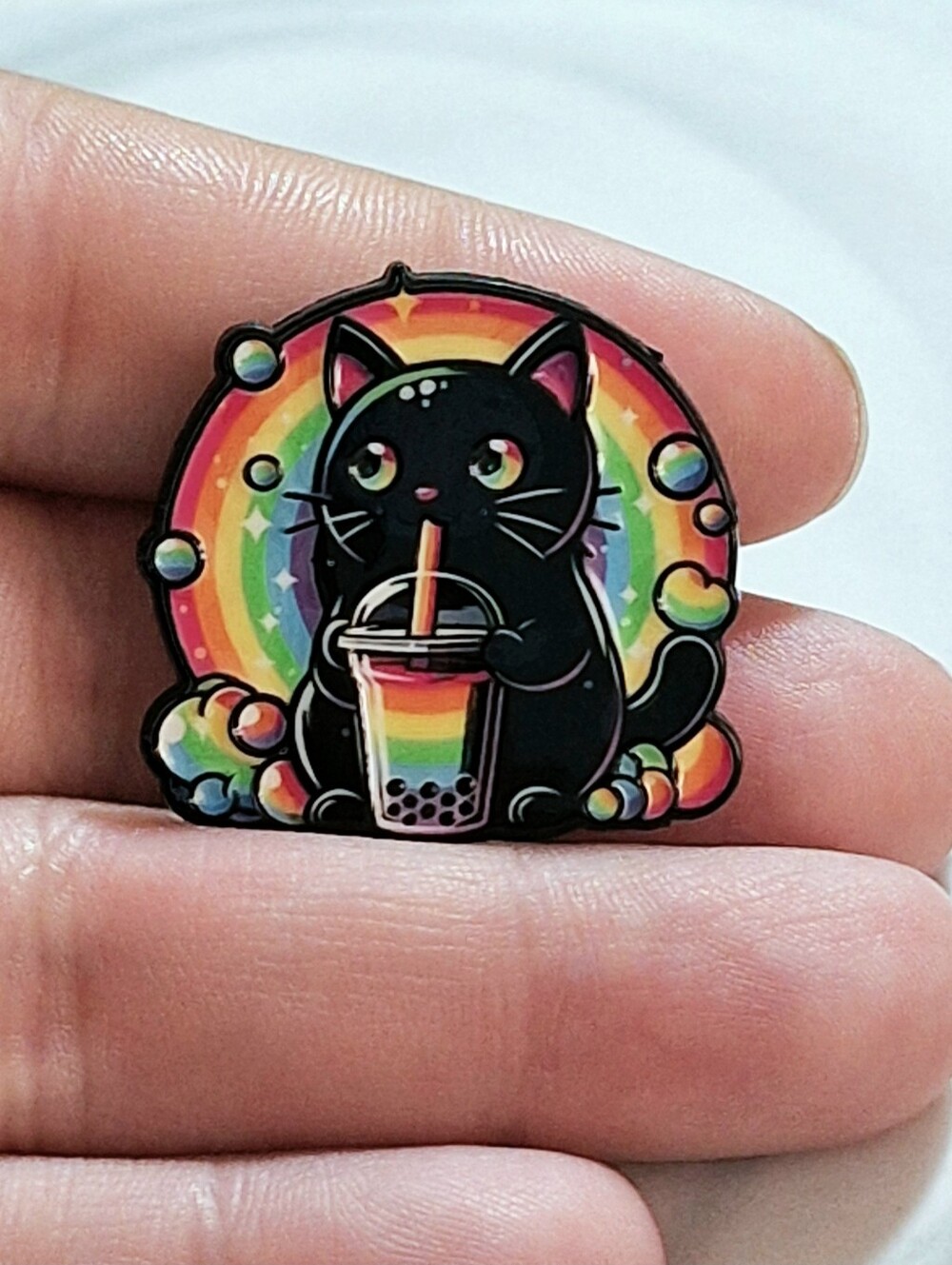 Rainbow Cat w/ Drink Enamel Pin